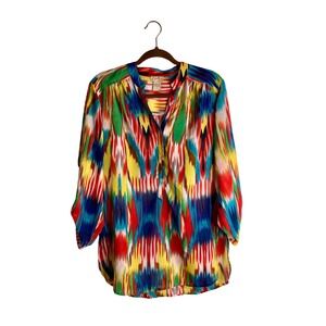 Scully Colorful Ikat Print Boho Tunic Top Festival Vibrant Art 3/4 Sleeve M